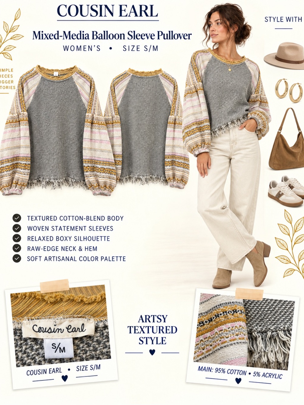 Cousin Earl Mixed-Media Balloon Sleeve Pullover - Gray with Multicolor Sleeves